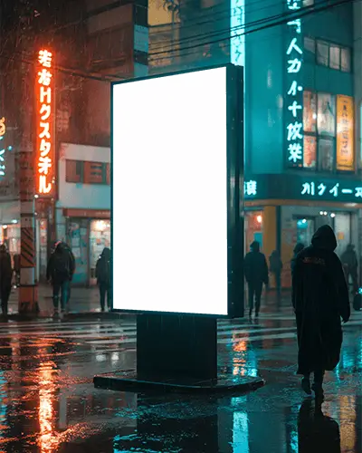Rain Soaked City Street Urban Billboard Mockup For Nighttime Advertising Design