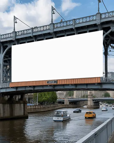 Blank Billboard Mockup On City Bridge Over River With Boats And Cars In Urban Environment