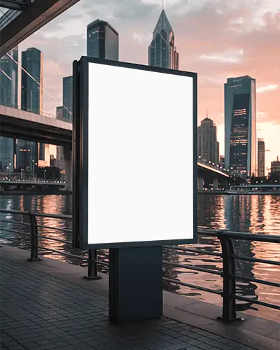 Urban Waterfront Billboard Mockup For Outdoor Advertising With Cityscape Background
