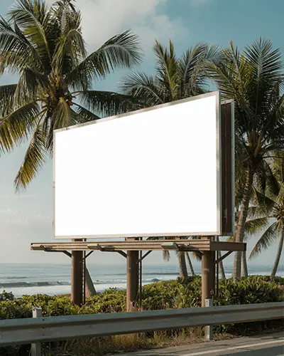 Beachfront Billboard Mockup With Palm Trees And Ocean View For Advertising