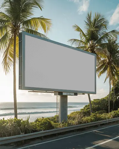 Oceanfront Billboard Mockup With Palm Trees And Clear Sky On Sunny Day Roadside Ad Space
