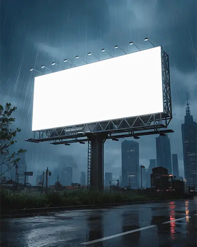 Blank Highway Billboard Mockup In Rainy Urban Nightscape With Skyscraper Background