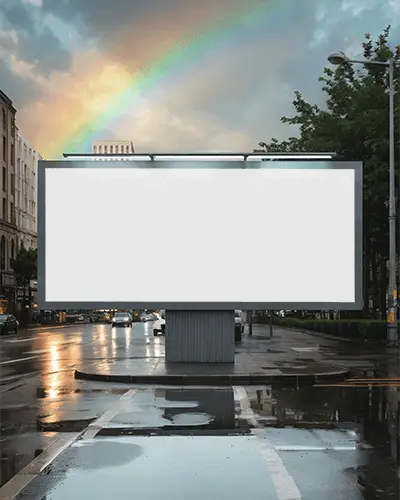 Urban Street Billboard Mockup For Advertising Campaigns With Clear Sky And Rain Reflections