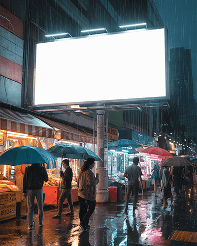 Urban Night Market Scene With Rain And Blank Billboard Mockup For Advertising Display And Promotion