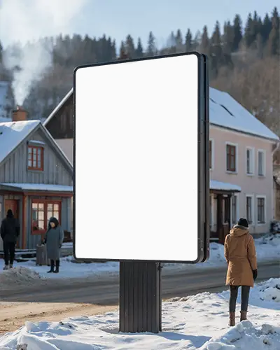 Empty Urban Billboard Mockup On Snowy Street Surrounded By Houses And Winter People