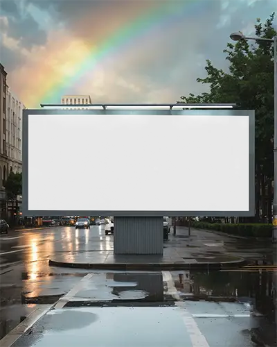Empty City Billboard Mockup With Rain Soaked Pavement And Rainbow Background