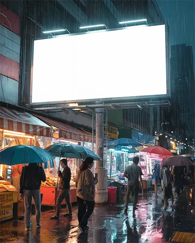 Rain Soaked Night Market Billboard Mockup With Blank White Advertisement Space