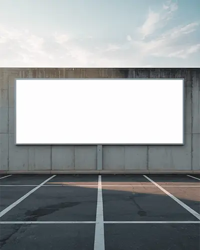 Large Blank Billboard Mockup On Industrial Wall Above Empty Parking Area Under Clear Sky