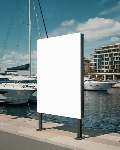 Commercial Advertising Billboard Mockup On Waterfront Promenade Next To Sailboats In Sunny Day