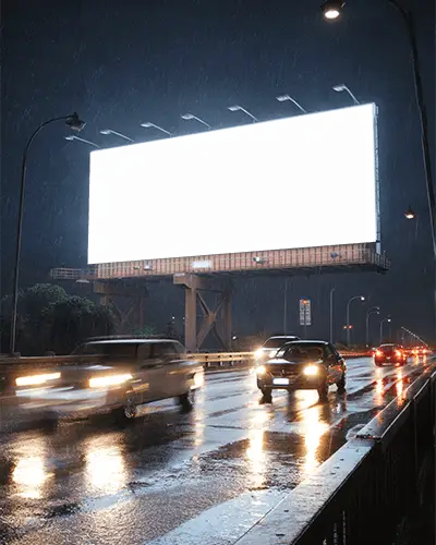 Night Time Rainy Road With Lit Billboard Mockup Above Moving Vehicles On Reflective Asphalt Surface