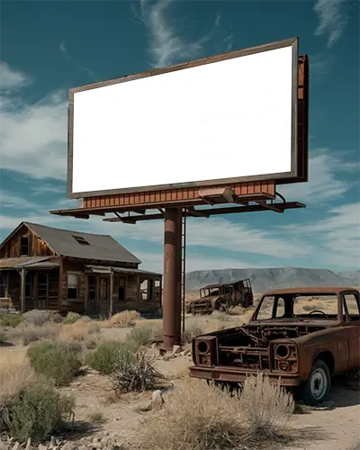 Old Abandoned Desert Billboard Mockup With Rustic House And Vintage Car Background