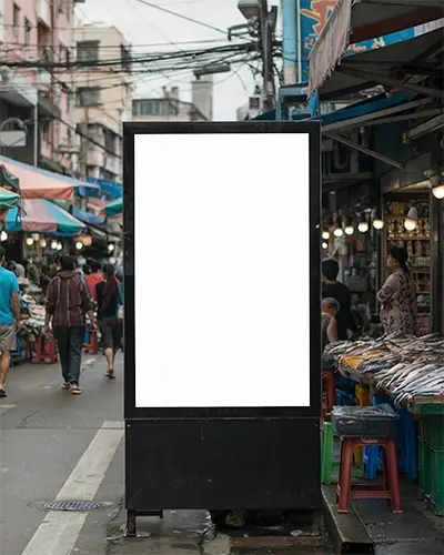 Vertical Street Billboard Mockup In Crowded Market Area For Innovative Marketing Ideas