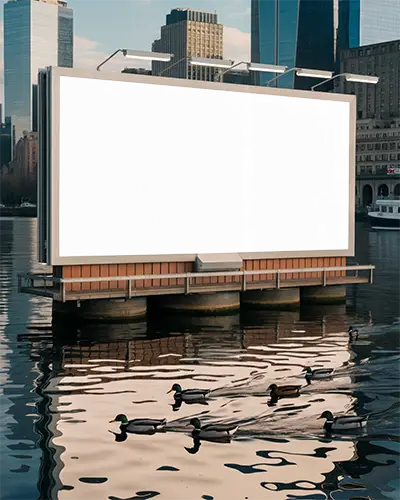 Large Riverside Billboard Mockup In Urban Area Surrounded By Reflective Water And Wildlife