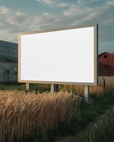 Large Outdoor Billboard Mockup Surrounded By Tall Grass And Agricultural Structures