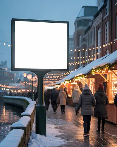 Winter Evening Street Billboard Mockup Holiday Market Pedestrian Scene Urban Lifestyle