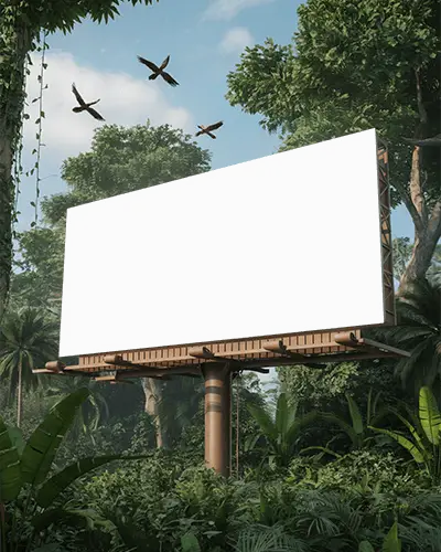 Large Empty Billboard Mockup Standing Amid Dense Forest With Clear Sky And Soaring Birds
