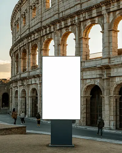 Ancient Roman Architecture Surrounded By Modern Cityscape With Empty Billboard Mockup