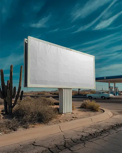 Outdoor Desert Billboard Mockup Next To Cactus And Vintage Car Passing By Road