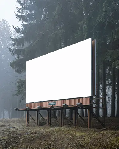 Blank Billboard Mockup Podium Structure Surrounded By Trees Nature Background For Marketing
