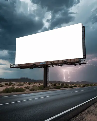 Blank Billboard Advertising Mockup On Empty Road With Stormy Sky Background Scene