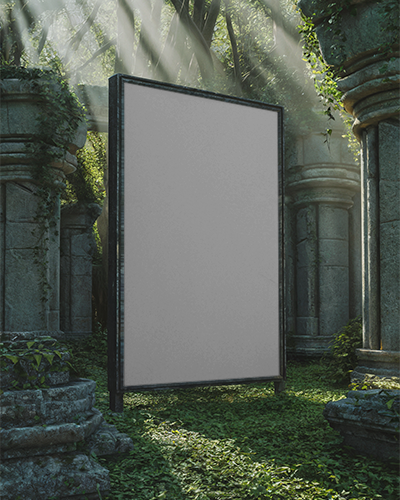 Ancient Ruins Billboard Mockup With Nature Overgrowth And Sunray Light Illusion