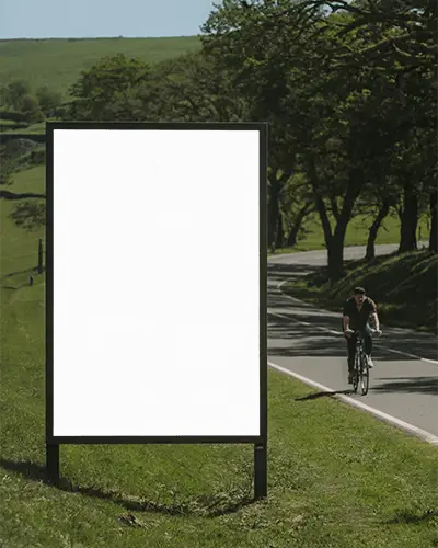 Outdoor Billboard Mockup On Rural Roadside With Bicycle Rider Passing By