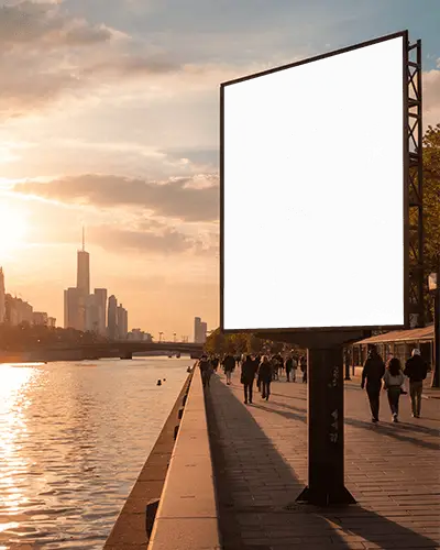 Waterfront Billboard Mockup Urban Promenade Sunset Cityscape Advertisement Display