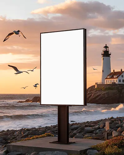 Seaside Billboard Mockup On Rocky Shore With Flying Birds And Scenic Lighthouse Background