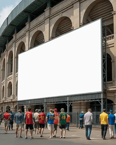 Sports Fans Walking Toward Large Stadium Billboard Mockup Advertisement Empty Space