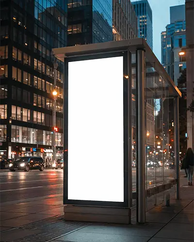 Night City Bus Stop Billboard Mockup Glowing Vertical Display Modern Urban Advertising