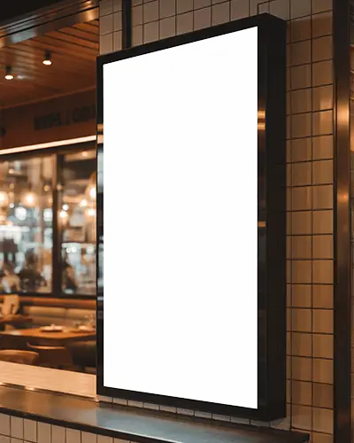 Cafe Interior Vertical Billboard Mockup Warm Light Clean Display For Retail Signage