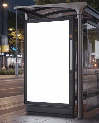 Night Bus Shelter Digital Billboard Mockup Glowing Screen With City Bokeh Effect