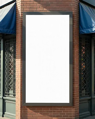 Brick Wall Billboard Mockup Clean Vertical Display On Street Corner For Retail Advertising