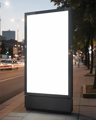 Evening Street Billboard Mockup Glowing Vertical Display With City Lights In Background