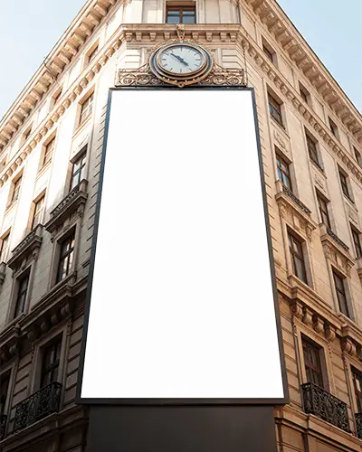 Historic Building Billboard Mockup Large Vertical Display Below Classic Clock For Premium Ads