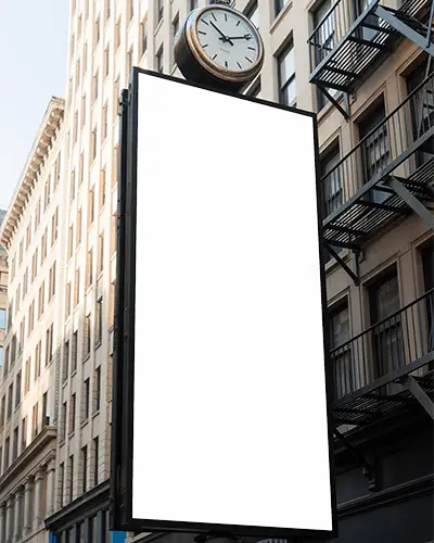 Downtown Tower Billboard Mockup Vertical Display Under Street Clock In Busy Urban District