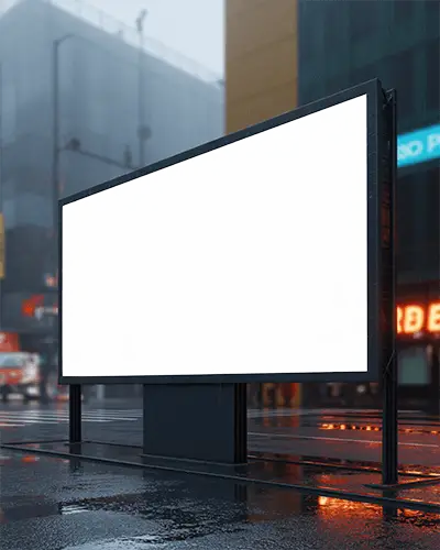 Urban Outdoor Billboard Mockup With Rainy Street Reflections And Blank Advertising Space