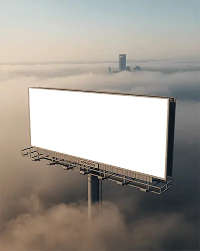 Large Empty Billboard Mockup Floating Above Clouds Cityscape Background Advertising Space