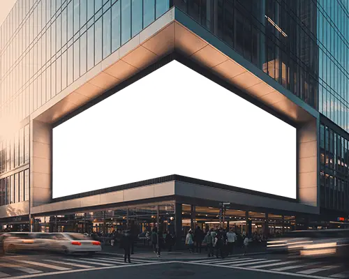 Large Urban Billboard Mockup Advertising Space In Busy City Intersection With People Moving