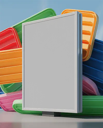 Outdoor Vertical Billboard Mockup Standing On Reflective Surface With Creative Shapes