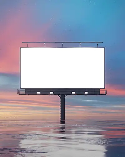 Large Rectangular Billboard Mockup Floating On Water With Sunset Background Urban Marketing