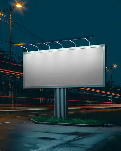 High Resolution Billboard Mockup Outdoor Advertisement Lit By Streetlight At Nighttime