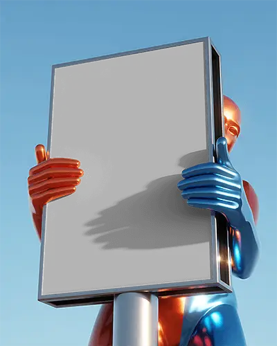 Metallic Cyborg Hand Gripping Blank Vertical Advertisement Billboard Mockup With Shadow Play