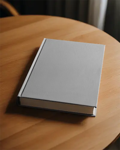 Hardcover Book Mockup On Wooden Table Soft Window Light Warm Interior Editorial Setting