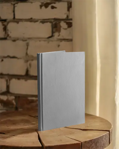 A4 Book Mockup On Rustic Wooden Slab With Soft Curtain Lighting And Exposed Brick Wall Background Earthy And Vintage Style