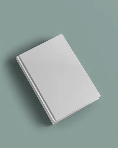 Angled Top View Book Mockup Hardcover Black Cloth Texture On Muted Teal Background With Soft Natural Lighting