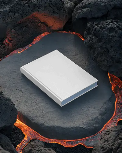 A4 Book Mockup Angled Top View Placed On Dark Volcanic Slab Surrounded By Glowing Warm Lava And Charred Rocks