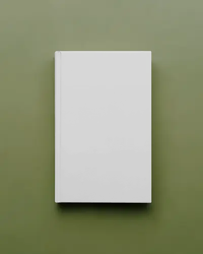Front Facing A4 Book Mockup Hardcover On Muted Olive Green Background With Even Lighting And Minimalist Style