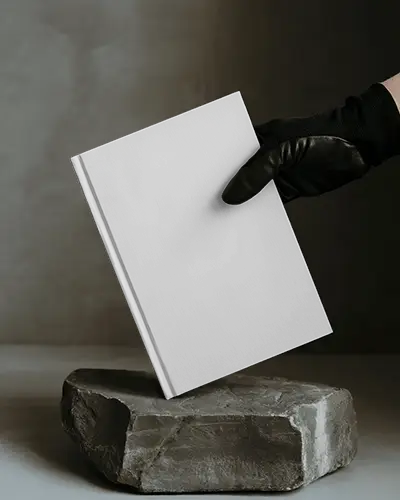 Angled A4 Book Mockup Held By Gloved Hand Above Stone Pedestal In Moody Lighting With Dark Minimal Background
