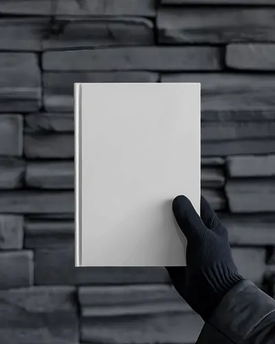 Front View A4 Book Mockup Held By Gloved Hand Against Dark Textured Stone Wall With Moody Monochrome Tones